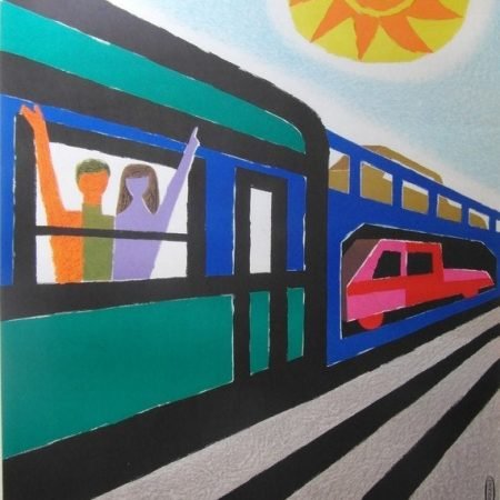 Original 1967 Guy Georget, Small Format French National Railways Poster 'Trains Autos Couchettes'